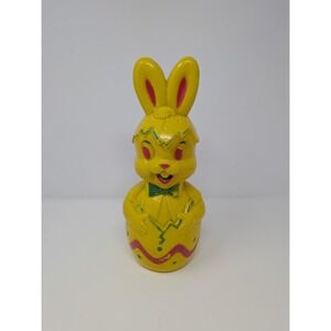 Vintage 11 Inch Softer Plastic Yellow Pink  Easter Bunny Money Bank MCM Kitschy